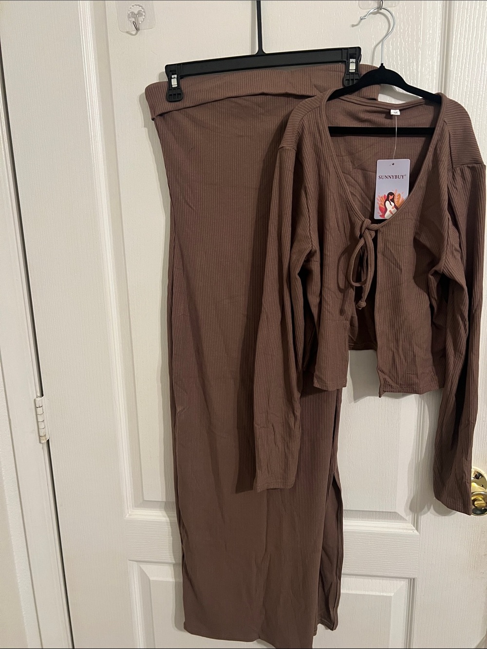 Brown Two-Piece Ribbed Set - Tie Front Top & Maxi Skirt